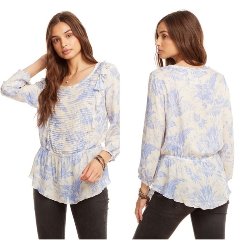 Chaser Ruffle Pintuck Peplum Shirt Blue Size Large Gauzy Toile Floral Coastal